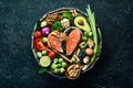 Food banner. Healthy foods low in carbohydrates. Food for heart health: salmon, avocados, blueberries, broccoli, nuts and Royalty Free Stock Photo