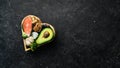 Food banner. Healthy foods low in carbohydrates. Food for heart health: salmon, avocados, blueberries, broccoli, nuts and Royalty Free Stock Photo