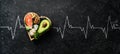 Food banner. Healthy foods low in carbohydrates. Food for heart health: salmon, avocados, blueberries, broccoli, nuts and Royalty Free Stock Photo