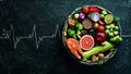 Food banner. Healthy foods low in carbohydrates. Food for heart health: salmon, avocados, blueberries, broccoli, nuts and Royalty Free Stock Photo