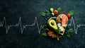 Food banner. Healthy foods low in carbohydrates. Food for heart health: salmon, avocados, blueberries, broccoli, nuts and Royalty Free Stock Photo