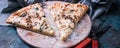 Food banner. Italian hizza with mushrooms and cheese on a round board. Fork, knife and napkin. Pizza time concept Royalty Free Stock Photo