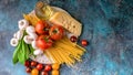 Food banner italian raw pasta, mushrooms, tomatoes, herbs and spices. Traditional Mediterranean cuisine