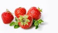 Food banner. Ripe strawberries and fresh mint on a white background. Sweet juicy strawberries and mint leaves. Copy space.