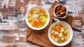 Food banner. Soup with turkey meat, potatoes, carrots, noodles and croutons. Homemade delicious dinner Royalty Free Stock Photo