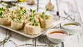 Food banner. Wheat sandwich rolls with chicken, cheese, cucumber, fresh herbs and salad. Tortilla deli wrap rolls with chicken ham Royalty Free Stock Photo