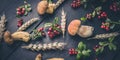 Food banner wild ceps mushrooms, wild berries and wheat on a dark wooden background. Close-up