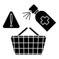 Food basket disinfection. Trolley handles disinfection. Safe shopping. Attention, protect yourself at the supermarket. Glyph icon