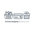 Food basket, grocery order, shop special offer, bonus discount card line icon