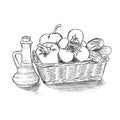 Food basket with vegetables hand drawn vector illustration. Royalty Free Stock Photo