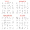 Food. Beauty. Veterenary shop. Rewards and medals line icons set