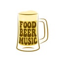 Food Beer Music lettering on mug of beer, graphic design for traditional festival Oktoberfest 2023, vector illustration