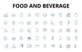 Food and beverage linear icons set. Delicious, Savory, Spicy, Tangy, Sweet, Salty, Umami vector symbols and line concept