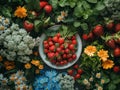 Food Beverage summer Party Meal Drink Concept, flowers, berries, vegetables and herbs Royalty Free Stock Photo