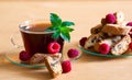 Food. black tea with raspberries, mint, cookie +