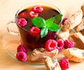 Food. black tea with raspberries, mint, cookie +