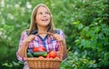 Food blogger. kid on summer farm. Organic food. harvest vitamin. spring market garden. little girl vegetable in basket Royalty Free Stock Photo