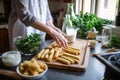 food blogger preparing homemade mozzarella sticks