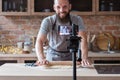 Food blogger stream live man communication camera Royalty Free Stock Photo