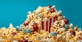 popcorn background bucket red film food box corn cinema television blue. Generative AI. Royalty Free Stock Photo