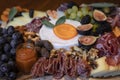 Food board with cured meats prosciutto, salami and coppa, brie, cheddar and other cheeses and fruits decorated with sage