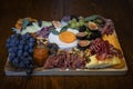 Food board with cured meats prosciutto, salami and coppa, brie, cheddar and other cheeses and fruits decorated with sage