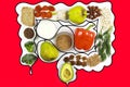 Food for bowel Health. Isolate on a red background