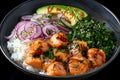 Food bowl with salmon, rice, onions, avocado delicious dish