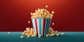 food box background film container bucket corn blue red popcorn cinema. Generative AI.