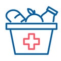 Food box with a red cross icon. Vector thin line illustration. Grocery provisions donation. Royalty Free Stock Photo