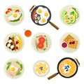 Food for Breakfast with Pancakes and Scrambled Eggs Served on Plate Top View Vector Set