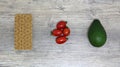 Food, Breakfast, sandwich. Tomatoes, avocado, bread, toast. Ingredients, cook. Vegan, vegetarian, proper nutrition Royalty Free Stock Photo