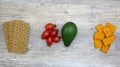 Food, Breakfast, sandwich. Tomatoes, avocado, bread, toast. Ingredients, cook. Vegan, vegetarian, proper nutrition Royalty Free Stock Photo