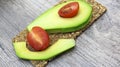 Food, Breakfast, sandwich. Tomatoes, avocado, bread, toast. Ingredients, cook. Vegan, vegetarian, proper nutrition Royalty Free Stock Photo