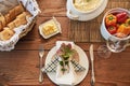 Food, breakfast and top view, meal and nutrition with plate, healthy with pepper, bread and butter on table. Nutrition Royalty Free Stock Photo