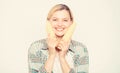 Food bring happiness. Woman hold yellow corn cob white background. Corn harvest. Girl hold ripe corn. Food vegetarian