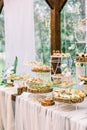 Food buffet in restaurant outdoors in rustic eco style, snacks on the glass and wooden stands, concept catering Royalty Free Stock Photo