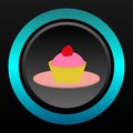 Food buttons icons, Strawberries Cupcake in pink saucer in blue neon and black background