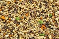 Food for canaries, parrots, finches, texture, background, top view. Mixed seeds for bird feeding. Food for exotic birds Royalty Free Stock Photo