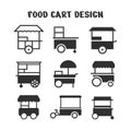 Food Cart Icon set. Black street retail or wheel market, kiosk trolley Isolated