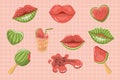 Food cartoon. Summer desserts. watermelon ice cream, ice cream slice, juicy lips, watermelon kiss