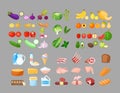 Food cartoon vector illustrations set. Fruits, vegetables, bakery, dairy and meat produce. Foodstuff isolated cliparts Royalty Free Stock Photo