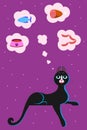 Food for cats and pets. A cute cartoon cat with big blue eyes lies on a flat surface, hanging its paw and thinks, dreams about