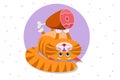 Food for cats and pets. A cute cartoon red fat cat, kitty lies on its back and holds in its paws big appetizing ham. Vector