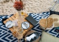 food and champagne drink for picnic on beach Royalty Free Stock Photo