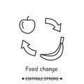 Food change icon. Apple and banana with cycle arrows simple vector illustration