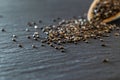 Food chia seeds in wooden spoon. Healthy pile flax superfood on black background. Salvia hispanica antioxidant grains on Royalty Free Stock Photo