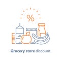 Food choice abundance, grocery food and drink, pile of products, consumption concept, retail store loyalty program, line icon