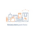 Food choice abundance, grocery food and drink, pile of products, consumption concept, retail store loyalty program, shopping bag