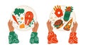 Food choice. Cartoon hands hold plates with healthy and junk meal. Organic products vs burgers and pizza. French fries